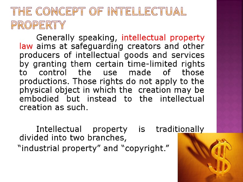 Generally speaking, intellectual property law aims at safeguarding creators and other producers of intellectual